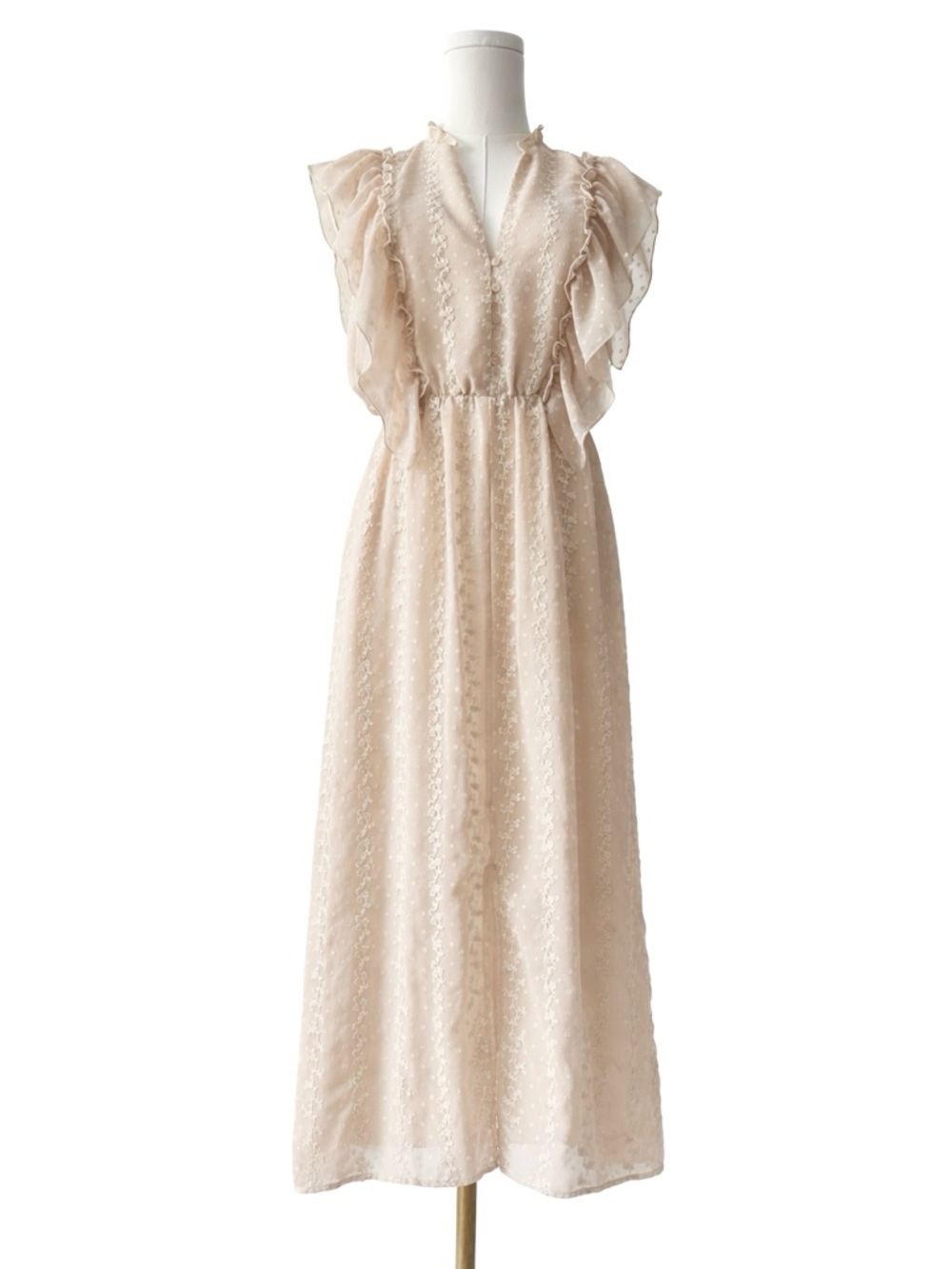 ZARA Lace Swiss Dot Maxi Dress Cream Ruffle Sleeve Boho Romantic XS Embroidered